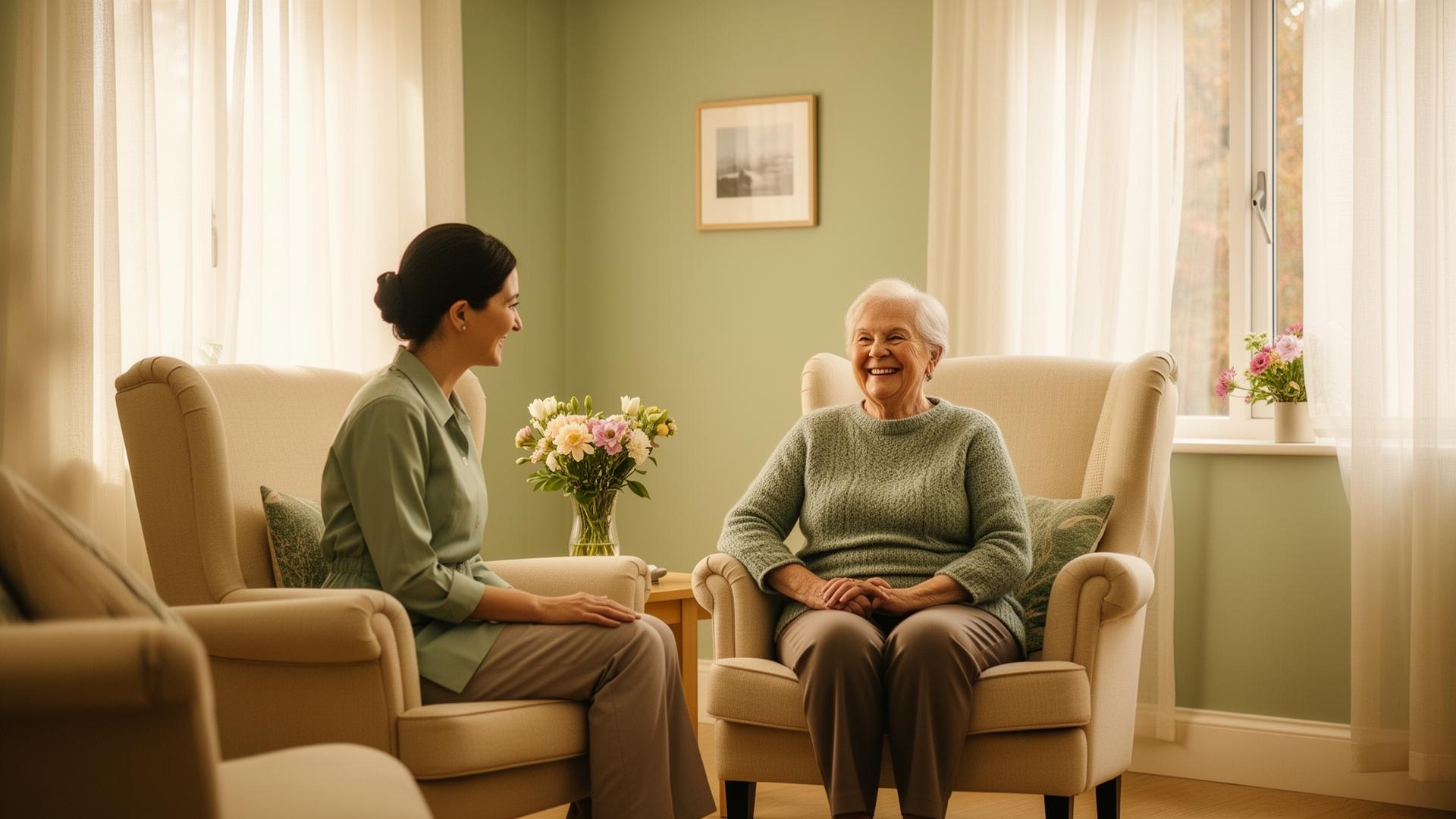 A caregiver speaks with a smiling senior resident in a sunlit care home living room.