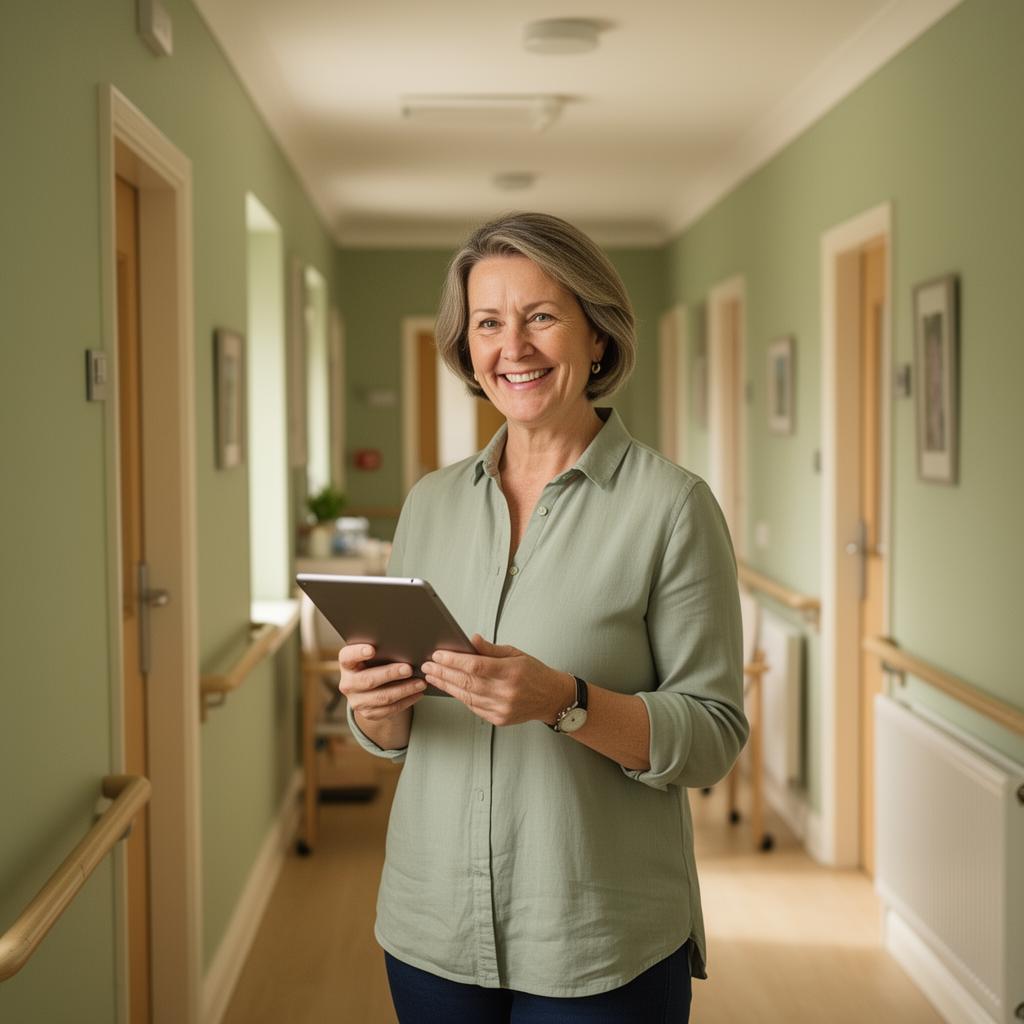 A care home owner standing in a sunlit hallway holding a tablet.